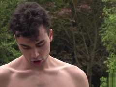 Twink in shorts sucks off jock outdoors