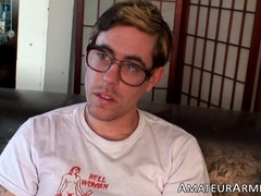 Blond Richie Jacquelette jizzes on his hairy stomach after masturbating