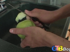 Slim cute twinks please each other over the kitchen counter