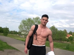 Beefy guy works out and spotlights his crotch