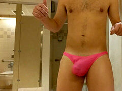 super hot dude shows off his wet watch through thong bulge in public locker room