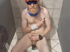 Hairy twink, bathroom cruising, naturist