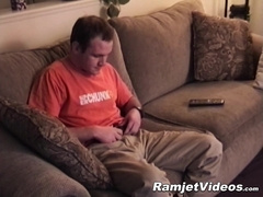 Hairy dude strips down and jerks off his dick until he cums