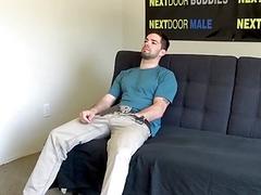 Muscular casting jock sucked off by inked guy