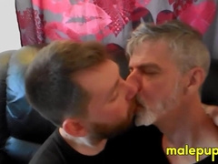 Gay bear cub Kaleb DeWulf has his smooth mouth open for kissing with Richard Lennox