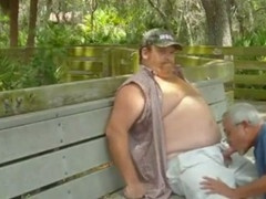Outdoor gay scene with chubby grandpa