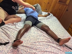 Strapped black jock Elijah kittled on soles by lush dom Matt
