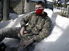 Snowboarder Wanks Publicly Outdoors and Shoots Big Sperm!