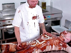 Chocolate food play in a BDSM video with a twink slut