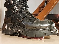 Slave boy enjoy cock stomping in leather boots POV