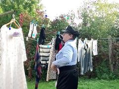 In police uniform to pick up laundry