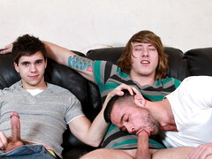 Three guys are going to enjoy each other's meat