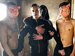 Dudes in creepy masks blow-bang a horny dude