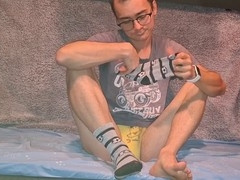 Playing with my cock after college in yellow lingerie and socks covered in cum