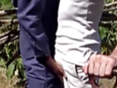 Young Euro gays plumbing dark-hued bone in outdoor threesome