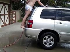 Nasty lad washes the car with a boner