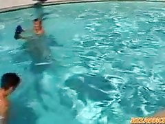 Twinks bathe in their pool before enjoying group bang time