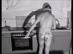 Naked sub describes miserable kitchen chores preparing salad for guests
