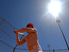 Hot baseball player takes a hard pounding after practice