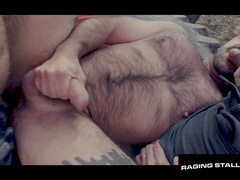 Deep-throat, hairy, gay jerking