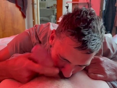 Fellated his man-meat & nutsack great then gobbled his jizz.