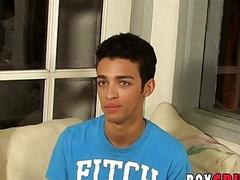 Twink pulls his rock hard dick out after an interview