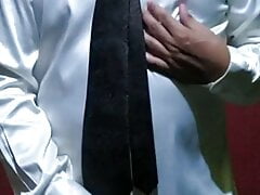 Masturbating in satin shirt and tie