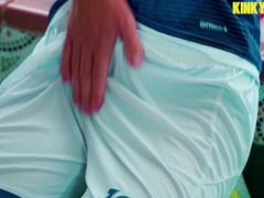 Young boy with a meaty meaty manstick predominates his subordinated in sportswear.
