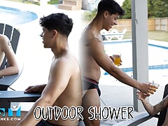 NastyTwinks - Outdoor Shower - Jay Angelo takes a shower outside when Jordan Haze Checks in on Him and Fun Ensues