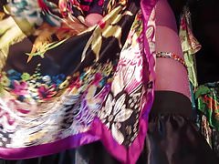 Satin Tgirl Mistress cumming on satin miniskirt