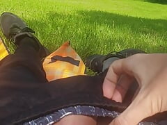 Martin masturbating his semi-rigid cock to cumshot outside