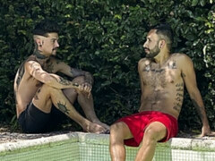 Tatted-up Latin boys Kendro and Milo enjoying poolside anal