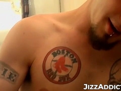 Muscled inked Axel had a tasty mountain jizz after wanking his cock