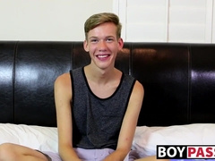 Skinny twink wanks his long cock until he explodes his jizz