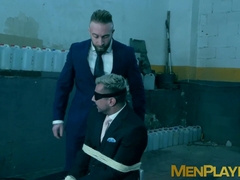 Blindfolded businessman Dani Rivera sucked dildo and fucked