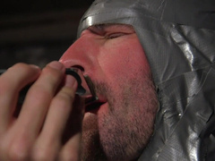Gagged male slave is set to swallow the big load