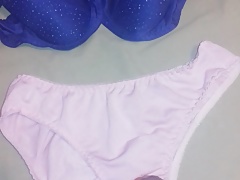 cum in stolen pink pantie and blue bra