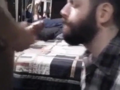 Sub sucking and feeding on his mans load