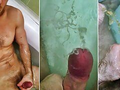 Muscular man jerks off and cums in the bathroom! Cum under water! Pissing on myself!