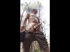 naked public outdoor woods exhibitionist jerking edging cum