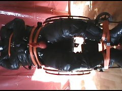 Straitjacketed bikerslave is in the wheelchair