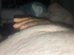 Ebony wife stroking husband very small cock with SPH in french before cumshot