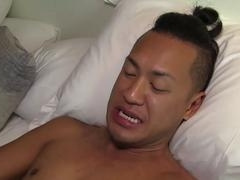 Asian muscle guy shows off his abs and jerks off for a big cumshot