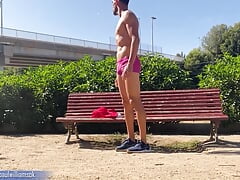 Perfect body man naked on public bench