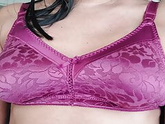 Massaging my pointy boobs on vintage purple bra