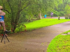Big faux milk cans crossdresser behind-the-episodes photoshoot in public gettting caught