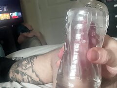 Solo Fleshlight play by myself with a nice creampie inside see through light so you can see the strokes up & down clear.