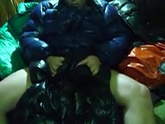 Masturbation with shiny down jackets