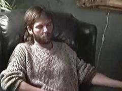 Bearded bear spreads his legs wide so he can jack his wood