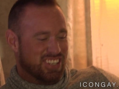 Gorgeous twink is on top of tattooed muscle daddy